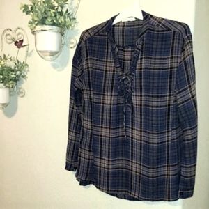 LUSE Top Plaid Flannel Blue Gray Blouse V Neck  XL